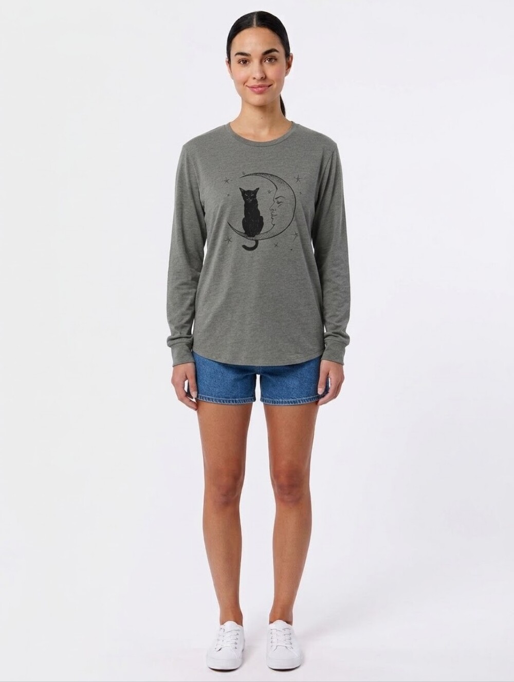Cat Moon Graphic Long Sleeve Tee - Gray Up To Size 3XL